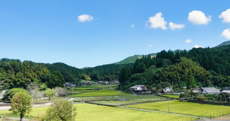 緑の田園と山あいの日本の集落