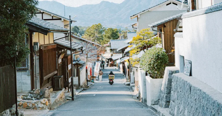 山あいの日本の住宅街の坂道と奥に見える山並み